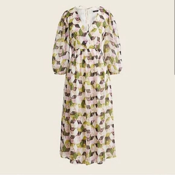 J. Crew Lurex Chiffon Midi Dress in Patchwork Print size 00 - Picture 1 of 12